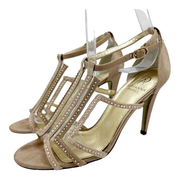 Adrianna Papell Eddy Gold Classic Satin Formal Crystal Studded Stiletto Sandal 7 - Picture 1 of 16